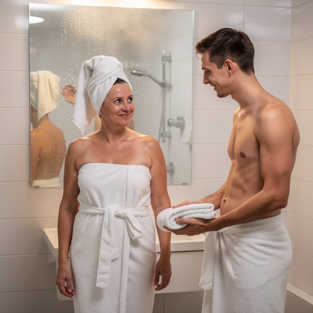 AI generated: photo, a 40-year-old Russian mother, wrapped in a short towel, her hair is wrapped in a towel, she h...