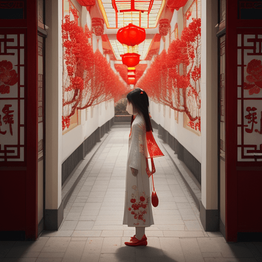 AI generated: girl stands in a red flower surrounded street, in the style of chinese cultural themes, romantic and...
