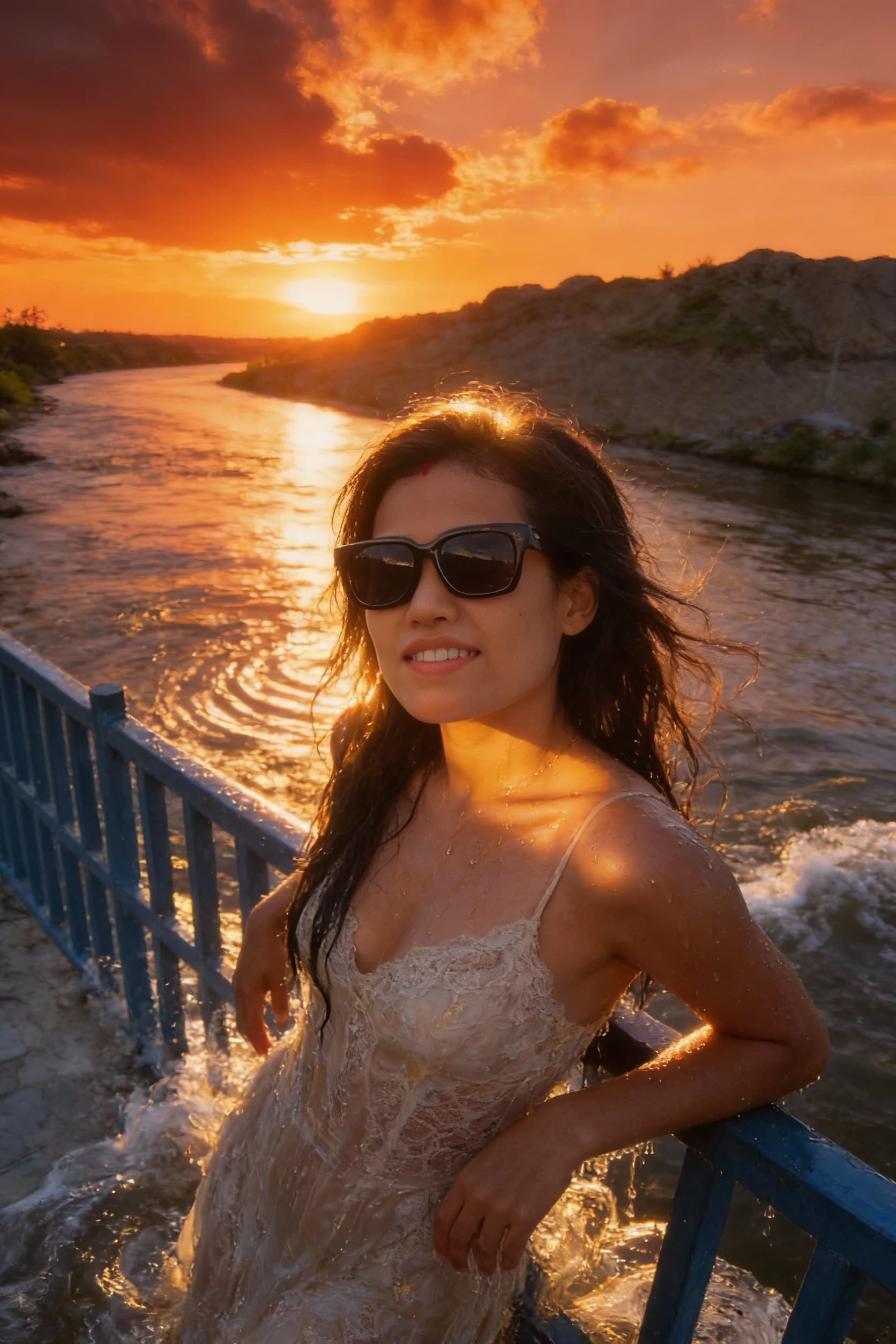 AI generated: The uploaded woman stands by a river. The setting sun, a fiery sunset, golden clouds, and golden rip...
