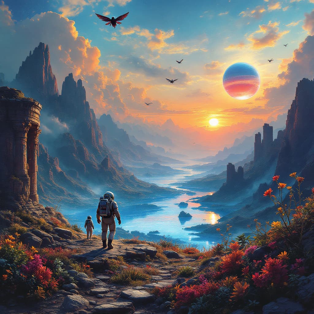 AI generated: extrem fantastic view over an alien landscape on anaother planet ,far away in a distant galaxy,very ...