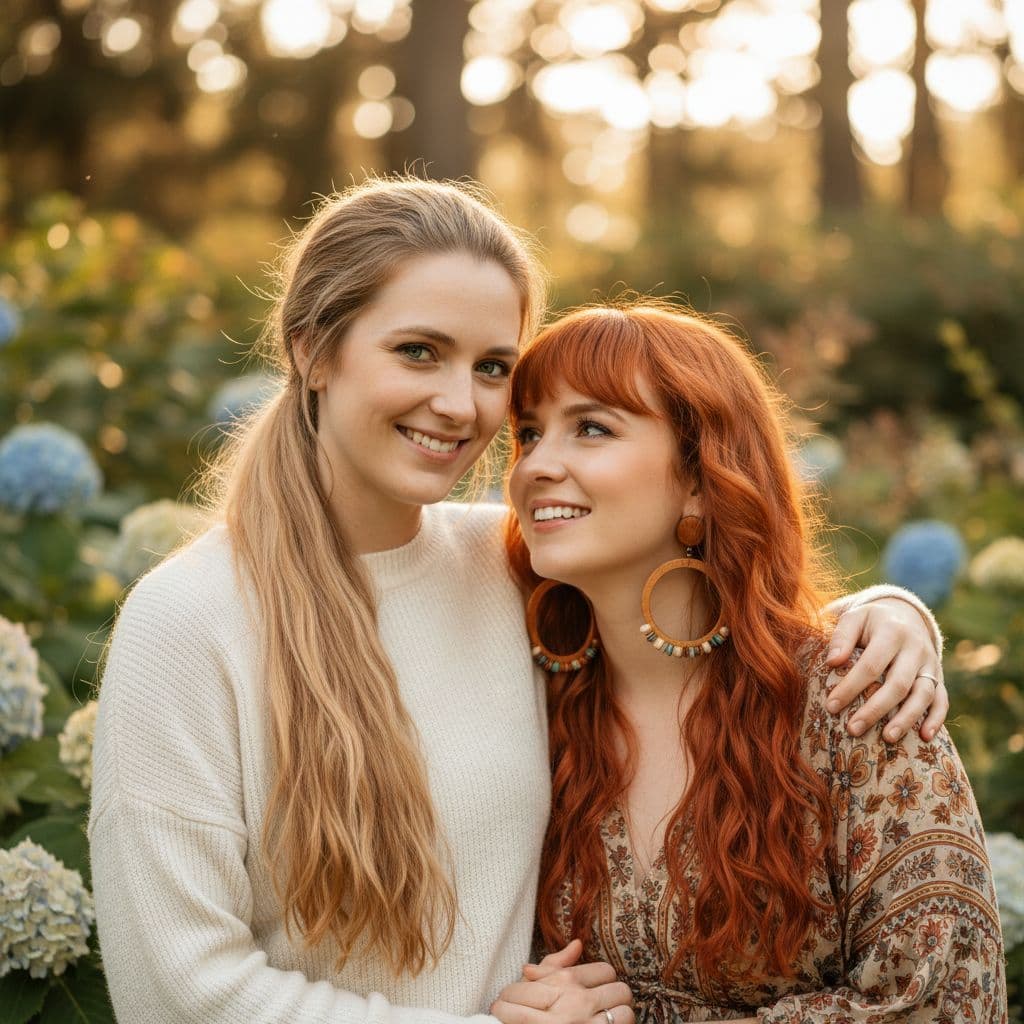 AI generated: Portrait of a loving lesbian couple, one woman has long blond hair in a ponytail and green eyes. Her...