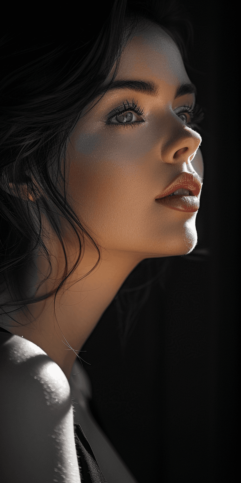 AI generated: A black-and-white photograph of a woman, in the style of romanticized portraits, noir atmosphere, da...