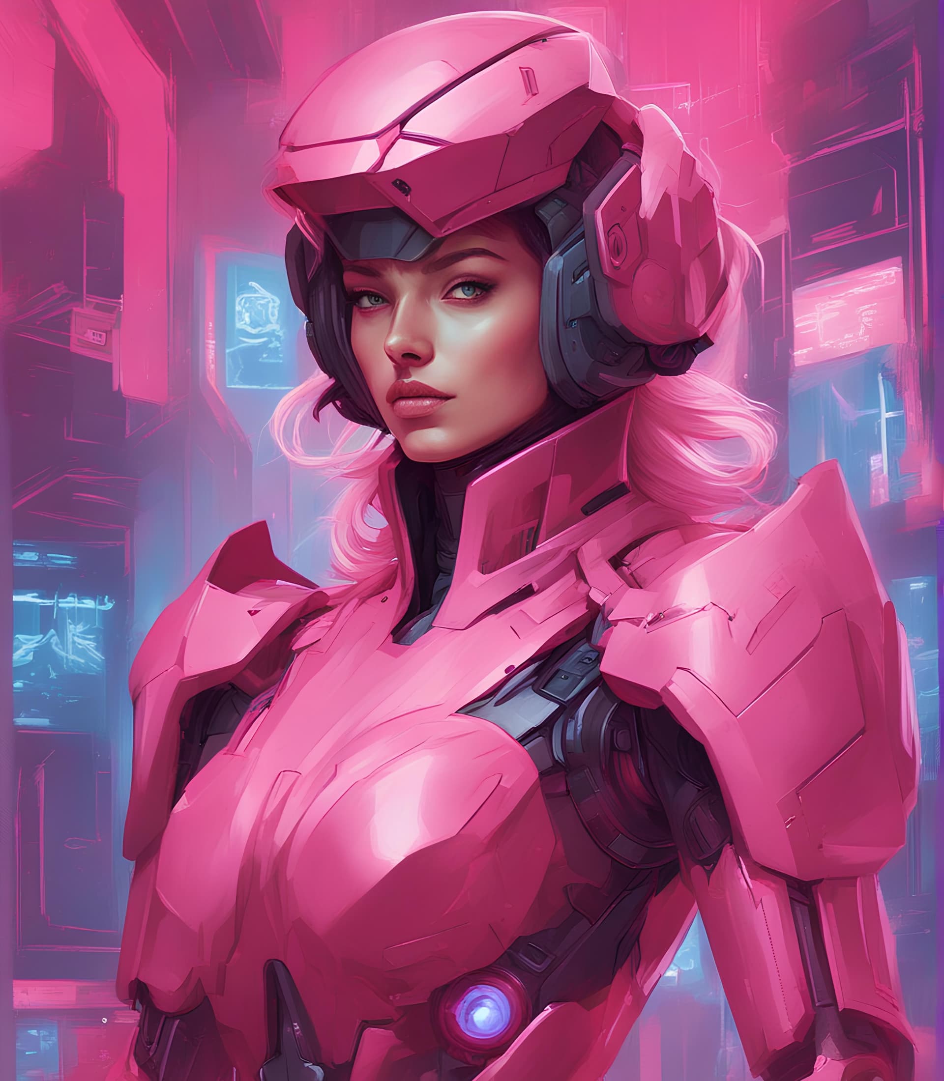 AI generated: a painting of a woman in a pink suit, cyberpunk art, inspired by stanley artgerm, char aznable album...