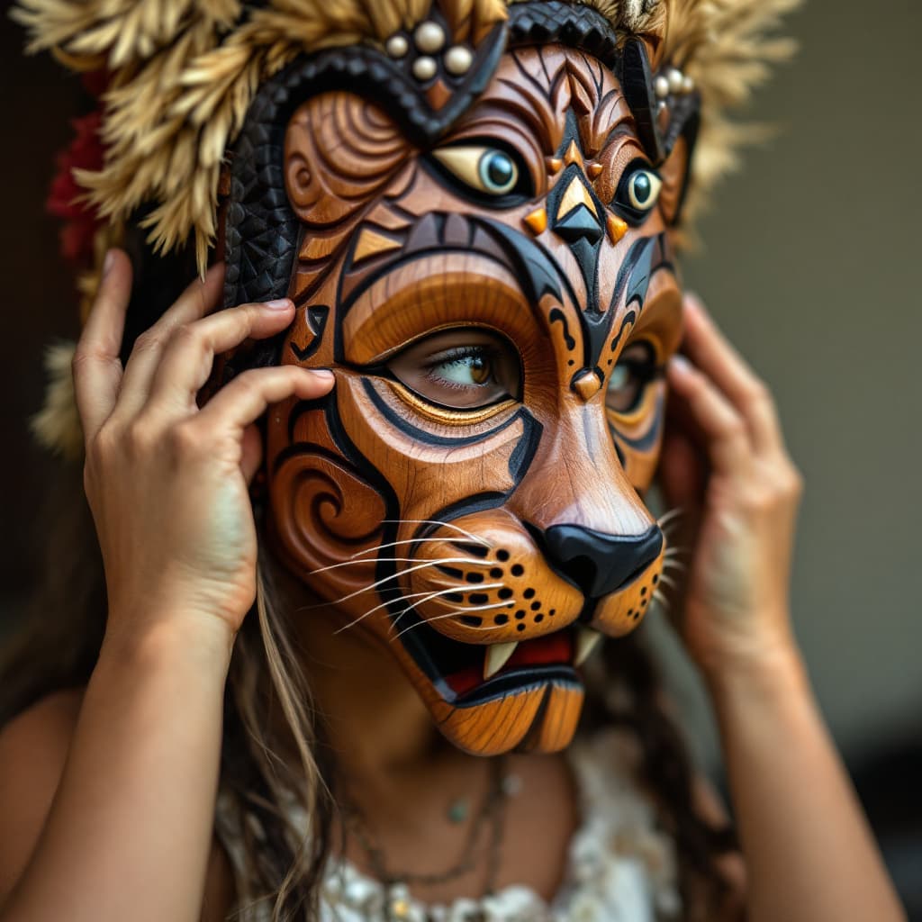 AI generated: close up, young girl with tan skin carefully putting on a jaguar mask made of carved wood and painte...