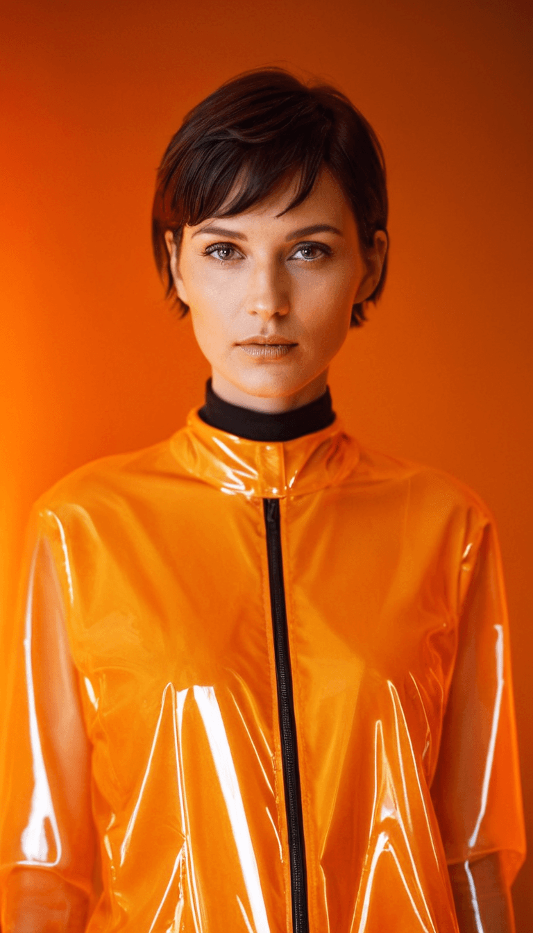 AI generated: dark haired woman is standing in front of orange light, in glossy transparent plastic futuristic rai...