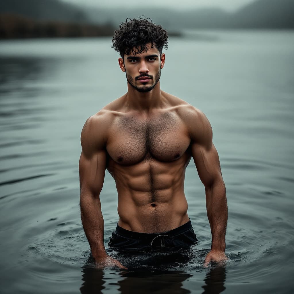 AI generated: {full body portrait} , harmony of lake, slim model, short black curly hair, round face, ((show legs)...