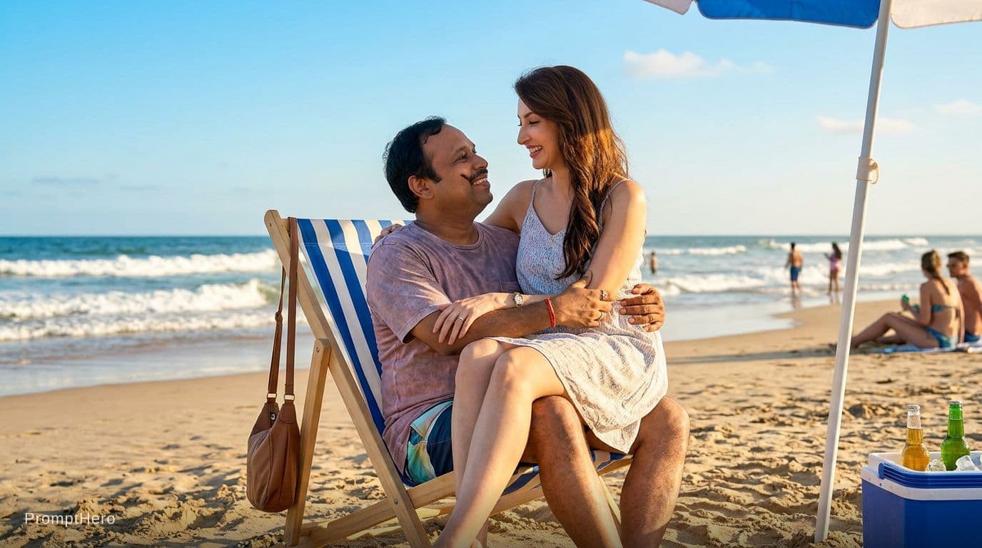 AI generated: Make them at a beach sitting in a single chair with the girl sitting on the boys lap