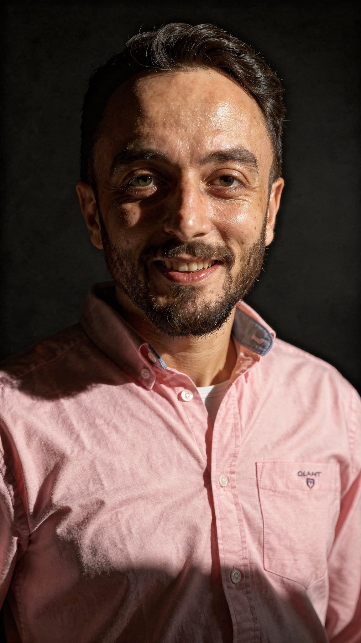 AI generated: 30-year-old man, (highly detailed face:1.4) (smile:0.7) (dark background:1.3) <8k,hyper-realistic, l...
