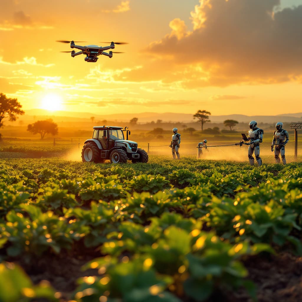 AI generated: A vibrant sunrise over an African farm, where advanced AI robots are transforming agriculture. Sever...