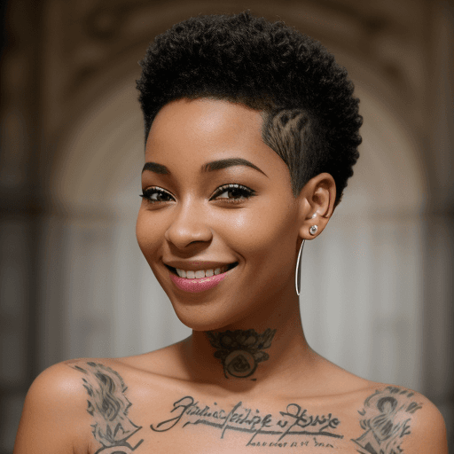 AI generated: femme noire cheveux bouclés  coupe carré court avec 1 tatouage avec un beau sourire, photo portrait ...