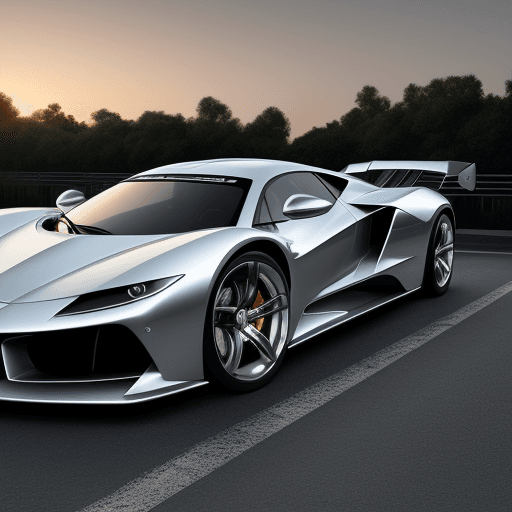 AI generated: modern silver super car in a parking lot at sun set 