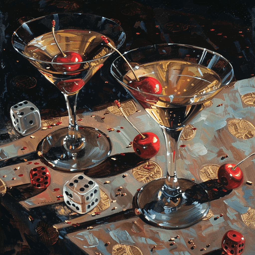 AI generated: A pair of martini glasses, filled with liquid and garnished with cherries, casting playful shadows o...