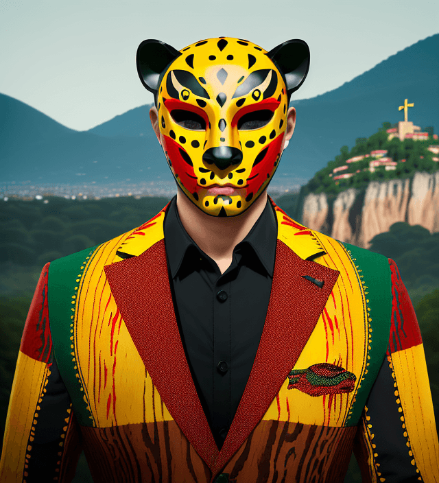 AI generated: jaguar helmet type mask with jaguar-style spots, wooden mask, fine wood details, zoque inspiration, ...