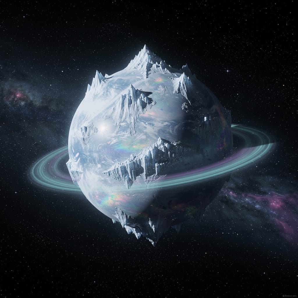 AI generated: Create a Sci-Fi image of a planet. A Rogue Ice World, Planet. Within the Void of Space.

Do not use ...