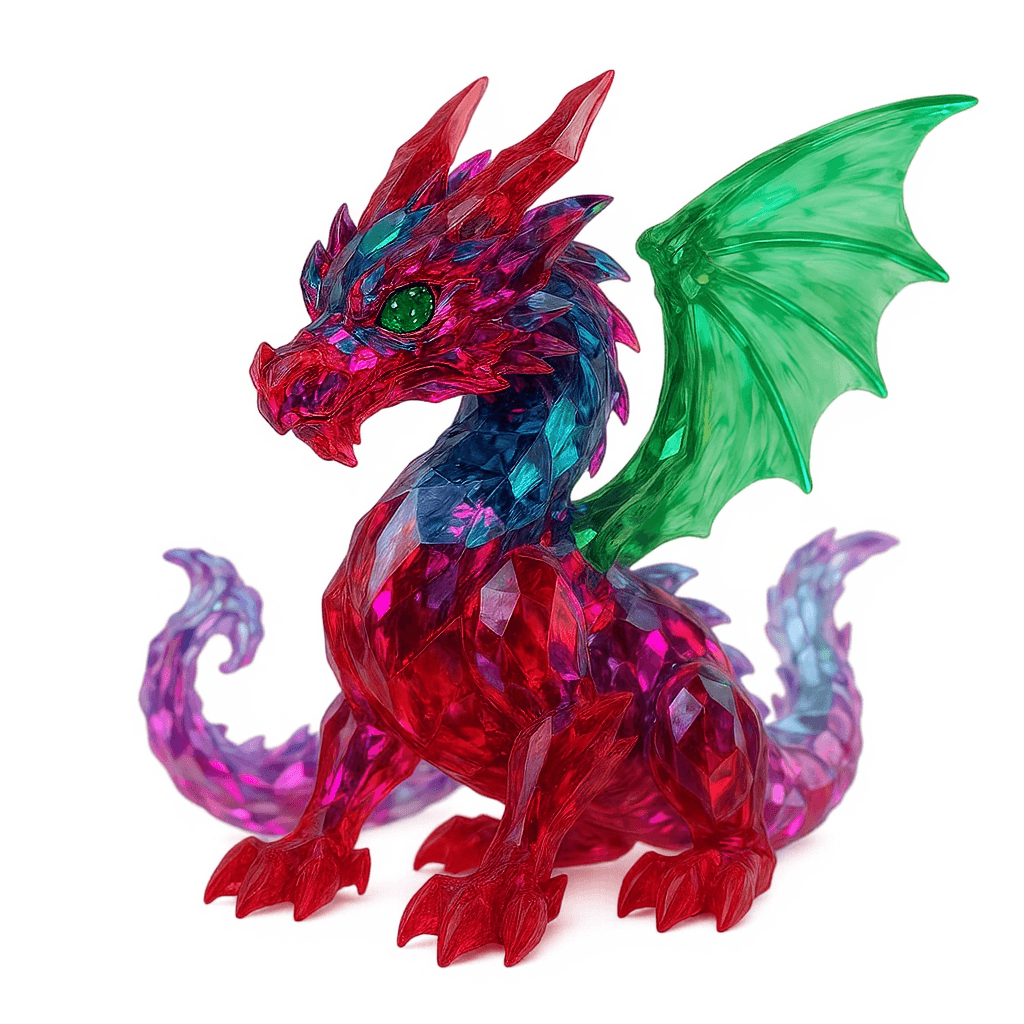 AI generated: The crystal-crafted gem colored dragon has emerald eyes.