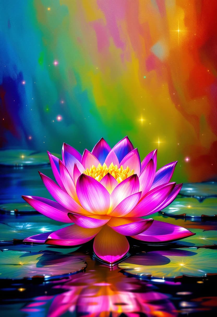 AI generated: Bright Colors, Vibrant 3D Transparent Lotus, With Few Shiny Leaves In The Pond Rainbow background in...