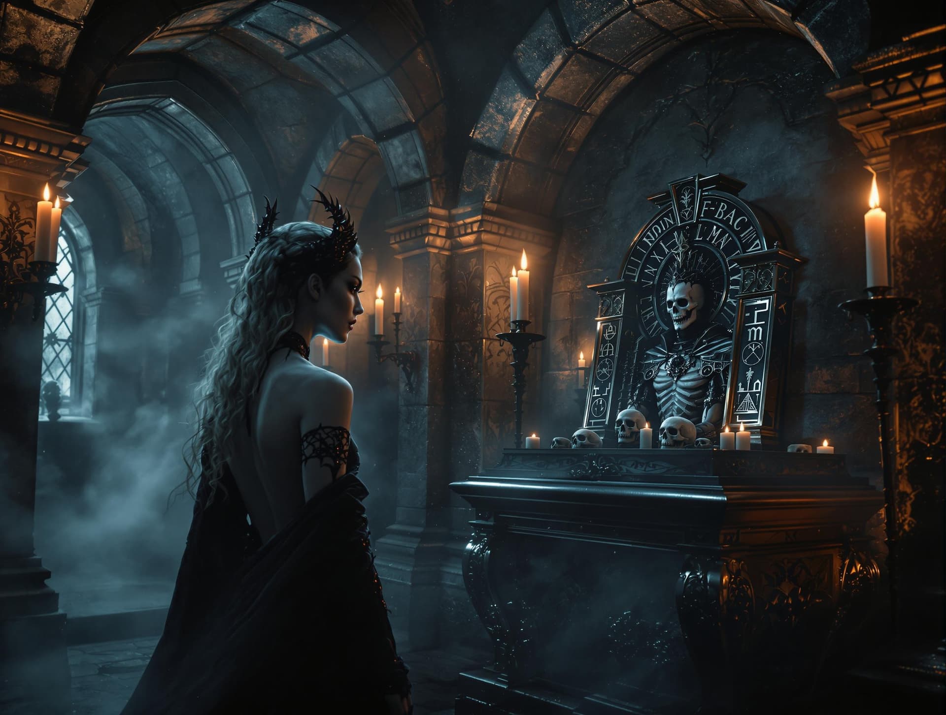 AI generated: a Pale female vampire with visible fangs, standing in an eerie cryptroom, gazing at a male counterpa...