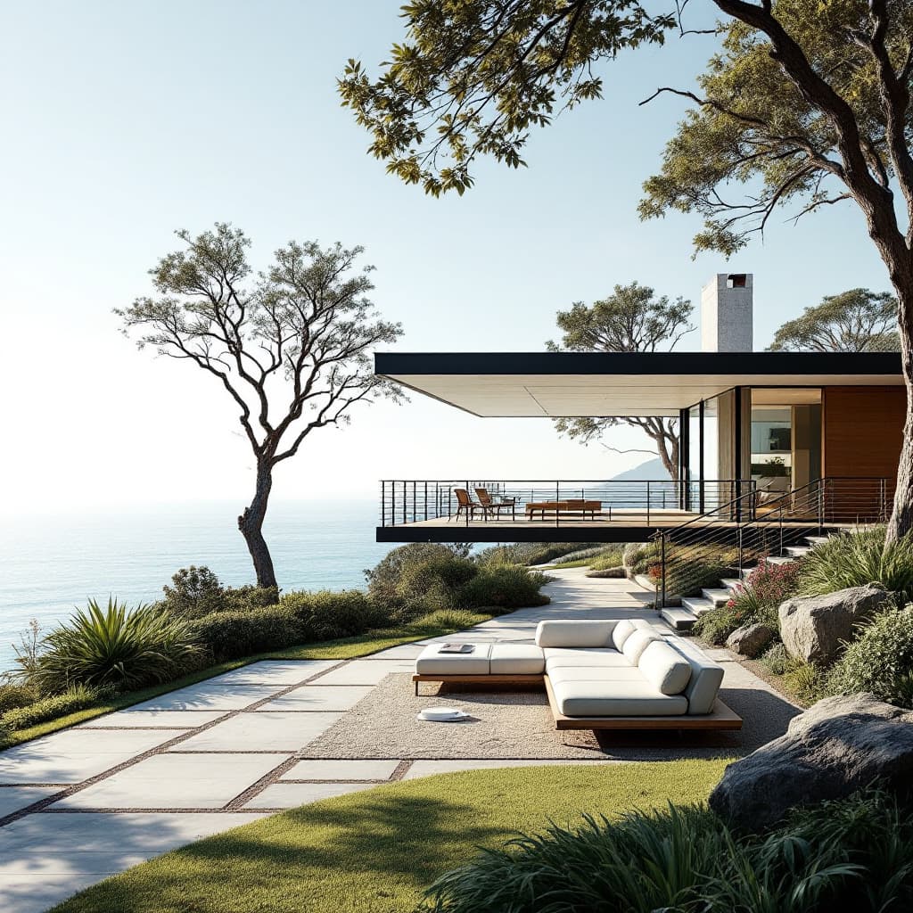 AI generated: Hyper realistic eye level exterior photo of a mid century modern style house overlooking the ocean, ...