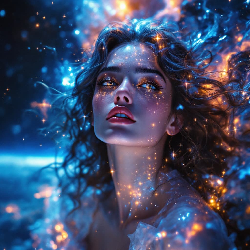 AI generated: A breathtaking, cinematic portrait of a divine female astral being, suspended in the vast expanse of...