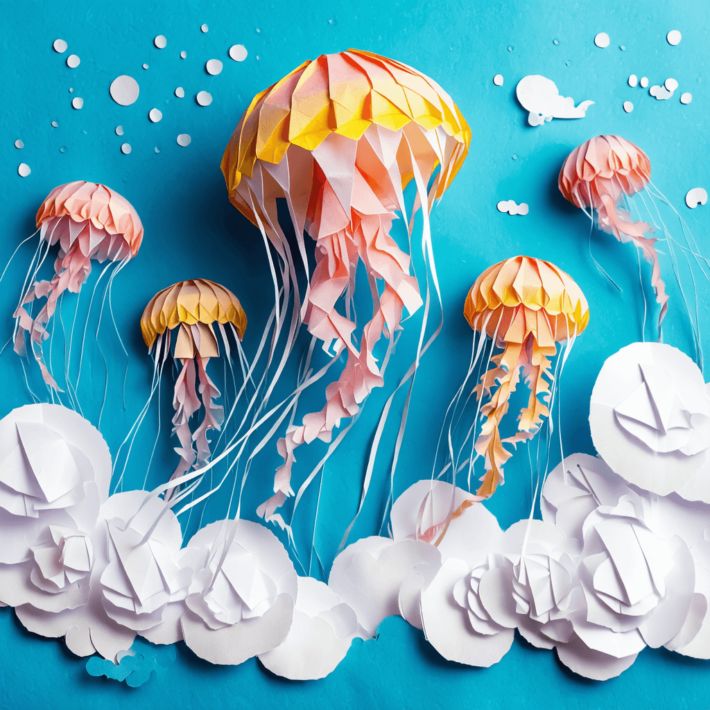 AI generated: origami jellyfishes in the clouds, construction paper is the style
