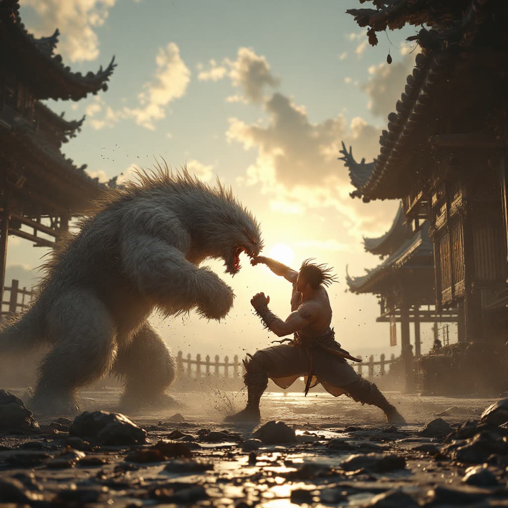 AI generated: Photo of a ultra realistic fight, dramatic light, pale sunrise, cinematic lighting, battered, low an...