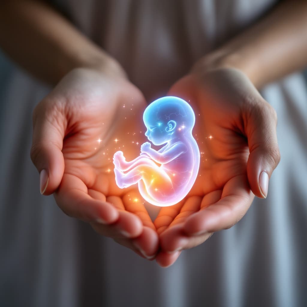 AI generated: woman holding a glowing baby foetus in her hands