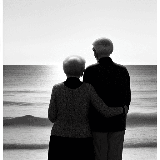 AI generated: Black and white drawing, with an elderly couple looking at each other, he is taller than her, in fal...