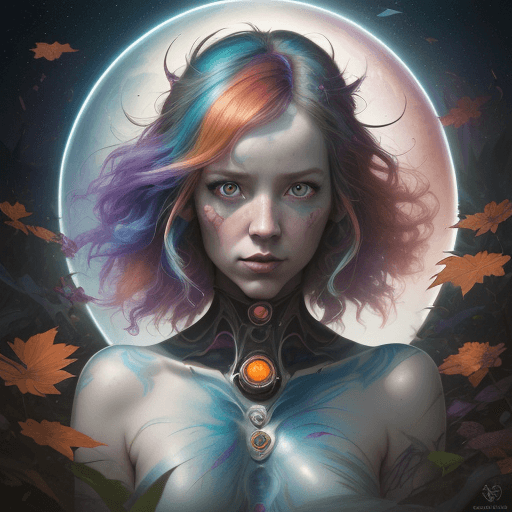 AI generated: beautiful angle view of Species woman individual from another planet with multicolored hair, beautif...
