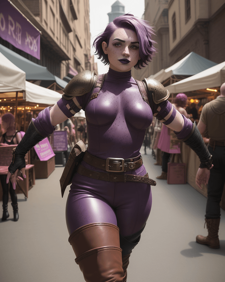 AI generated: D&D world, girl, dynamic pose, she walking, happy, dark lipstick, she has short length purple hair a...