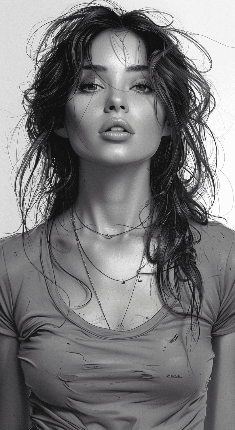 AI generated: black and white portrait of a woman wearing a tshirt, in the style of detailed comic book art, 32k u...