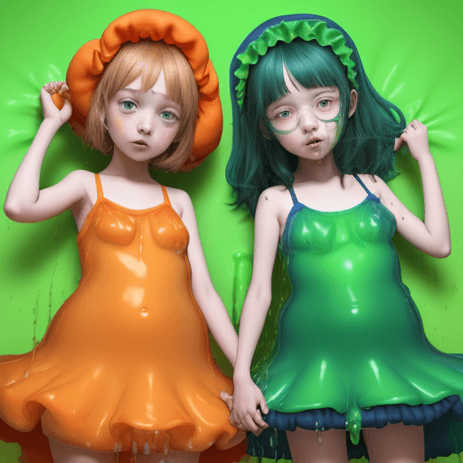 AI generated: 2girl 9 years old have sex, ((loli, flat brests)), orange and green blue soaked ((separate dress)) w...