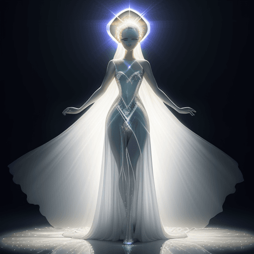 AI generated: The girl stands on a bright background, expressiveness and grace, a long dress, made of shiny rhines...