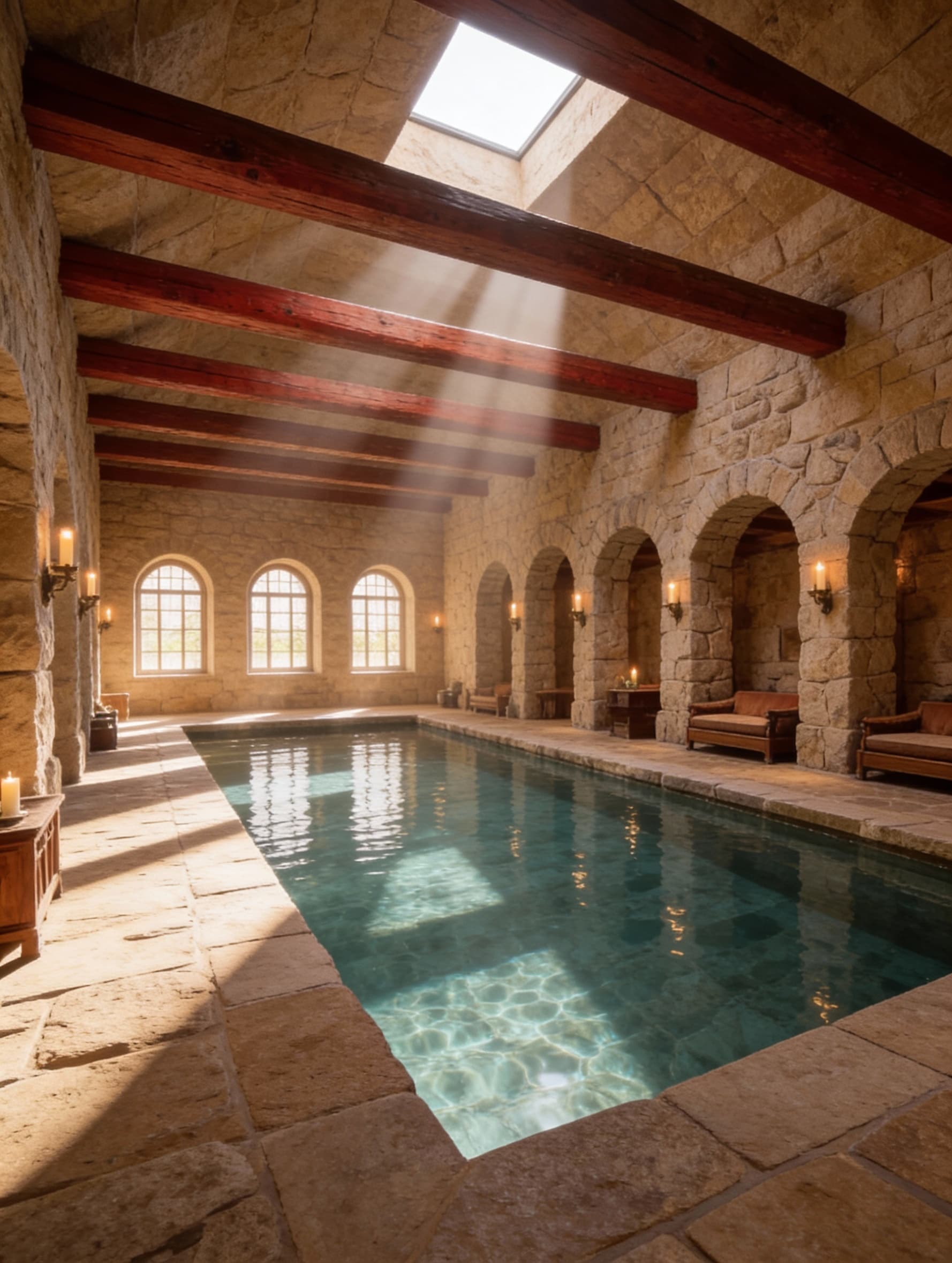 AI generated: Subteranian_Pool_01.jpg - Generate a UHD 8k image of a swimming pool room with the entire pool, floo...