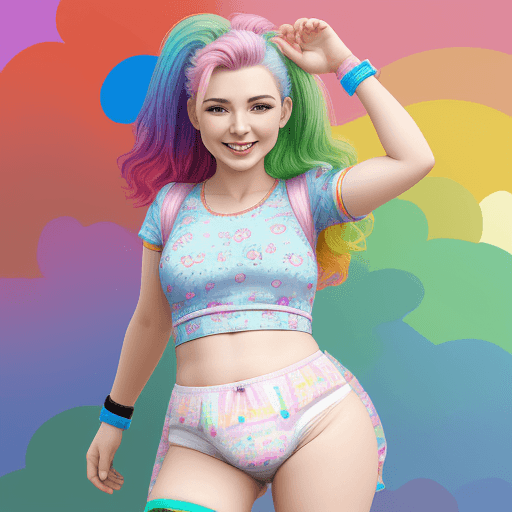 AI generated: high quality, diaper, tena pattern, woman, detailed face, rainbow hair, smiling, armband, in public....