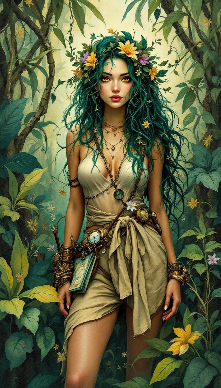 AI generated: "Jade Explorer in a Shifting Jungle": A compelling abstract painting showcases an explorer, with a b...