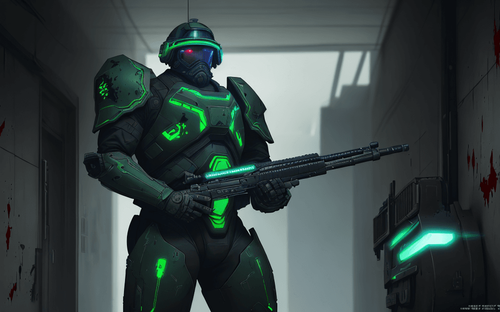 AI generated: black fat old man warrior stands and holding a M41A Pulse Rifle in his hands, after the battle, (vid...