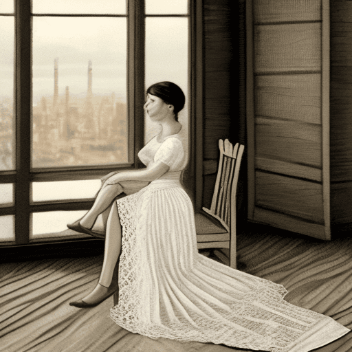 AI generated: A woman is seated comfortably on a wooden bench inside a room with large windows showcasing a distan...