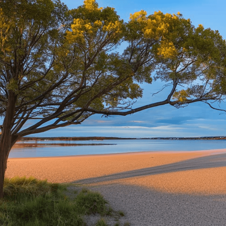 AI generated: oil on canvas, small clouds, 
smooth beach, willow tree, small rocks, 
beautiful setting, early even...