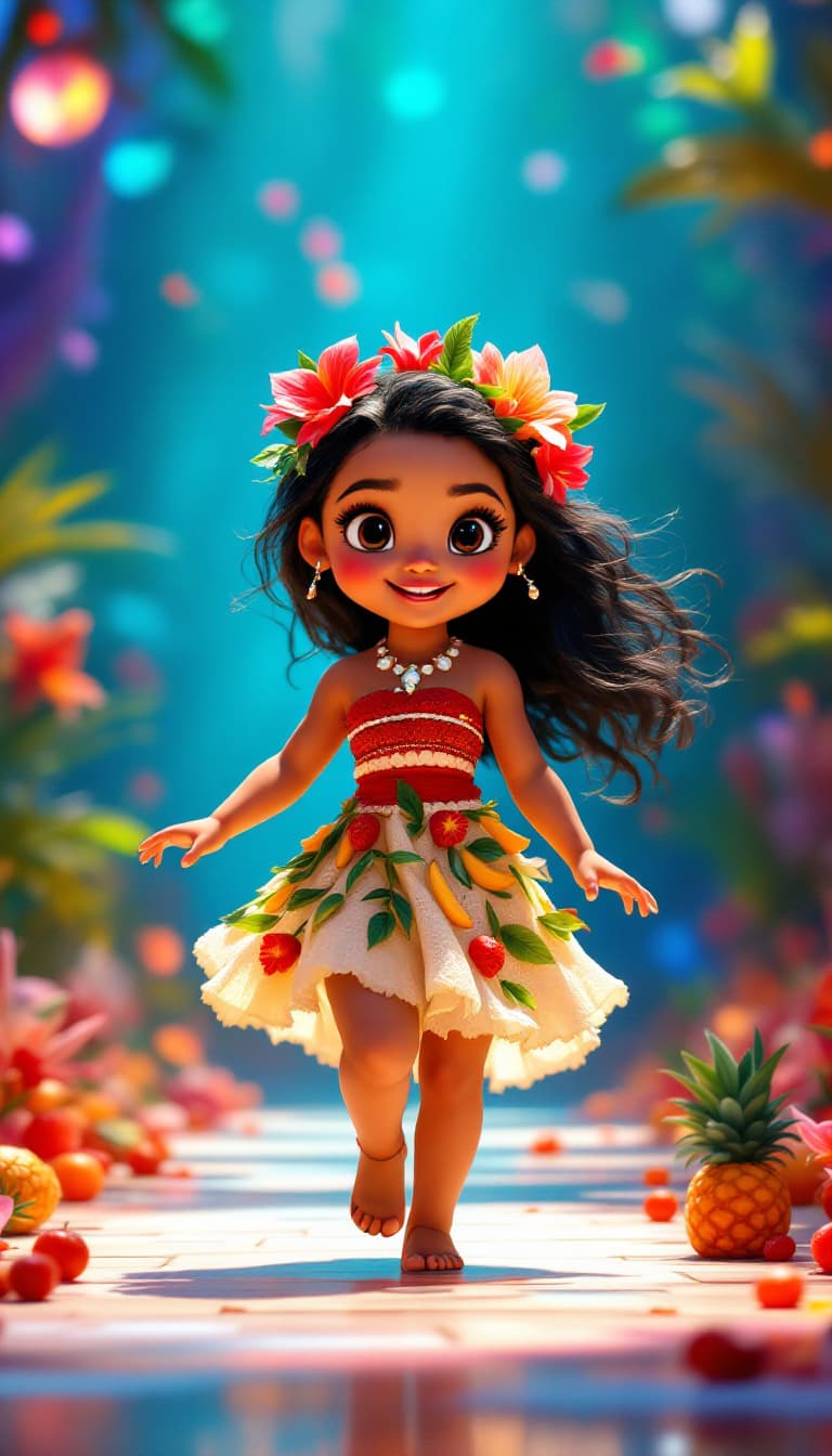 AI generated: Adorable baby Disney princess Moana struts confidently down a tropical catwalk, twirling softly in a...