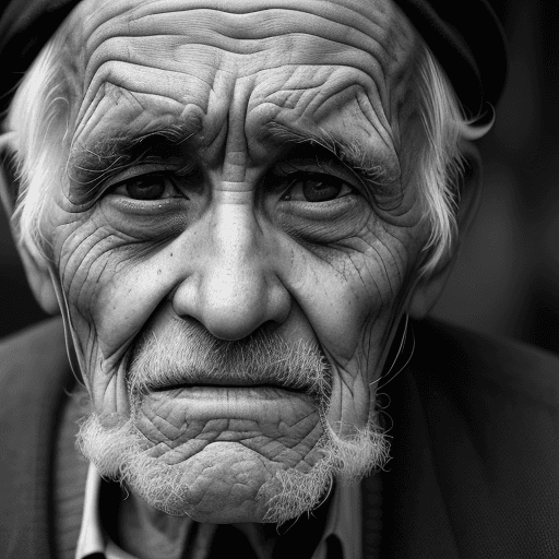 AI generated: a close up urban portraits(black and white)of an old man. it conveys a feeling of suffering and mark...