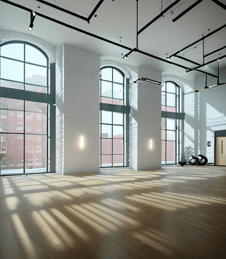 AI generated: High-resolution photography of interior design, of a gym inside a building with surrounding apartmen...