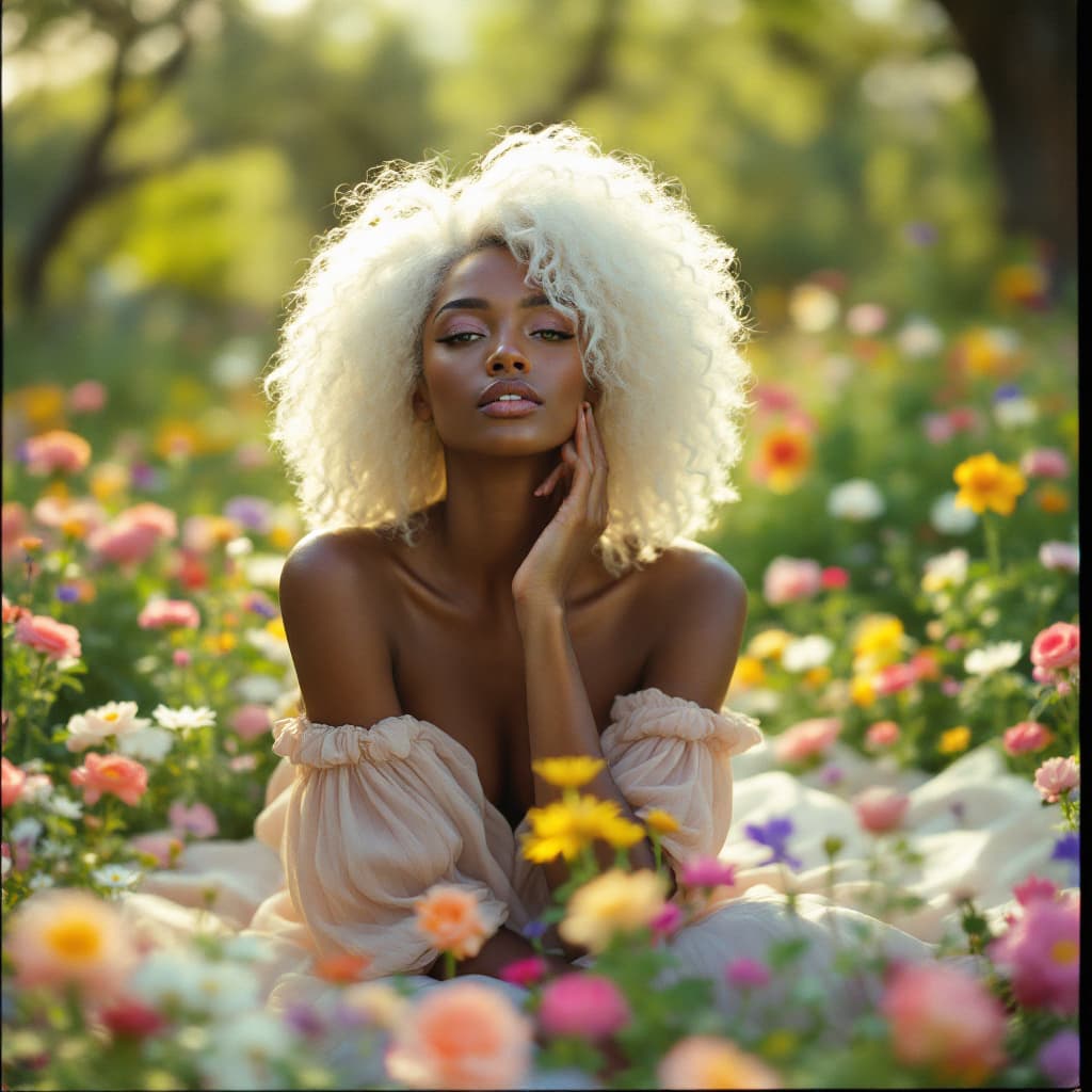 AI generated: A highly detailed disposable film photography shot of a stunning white woman with striking white hai...