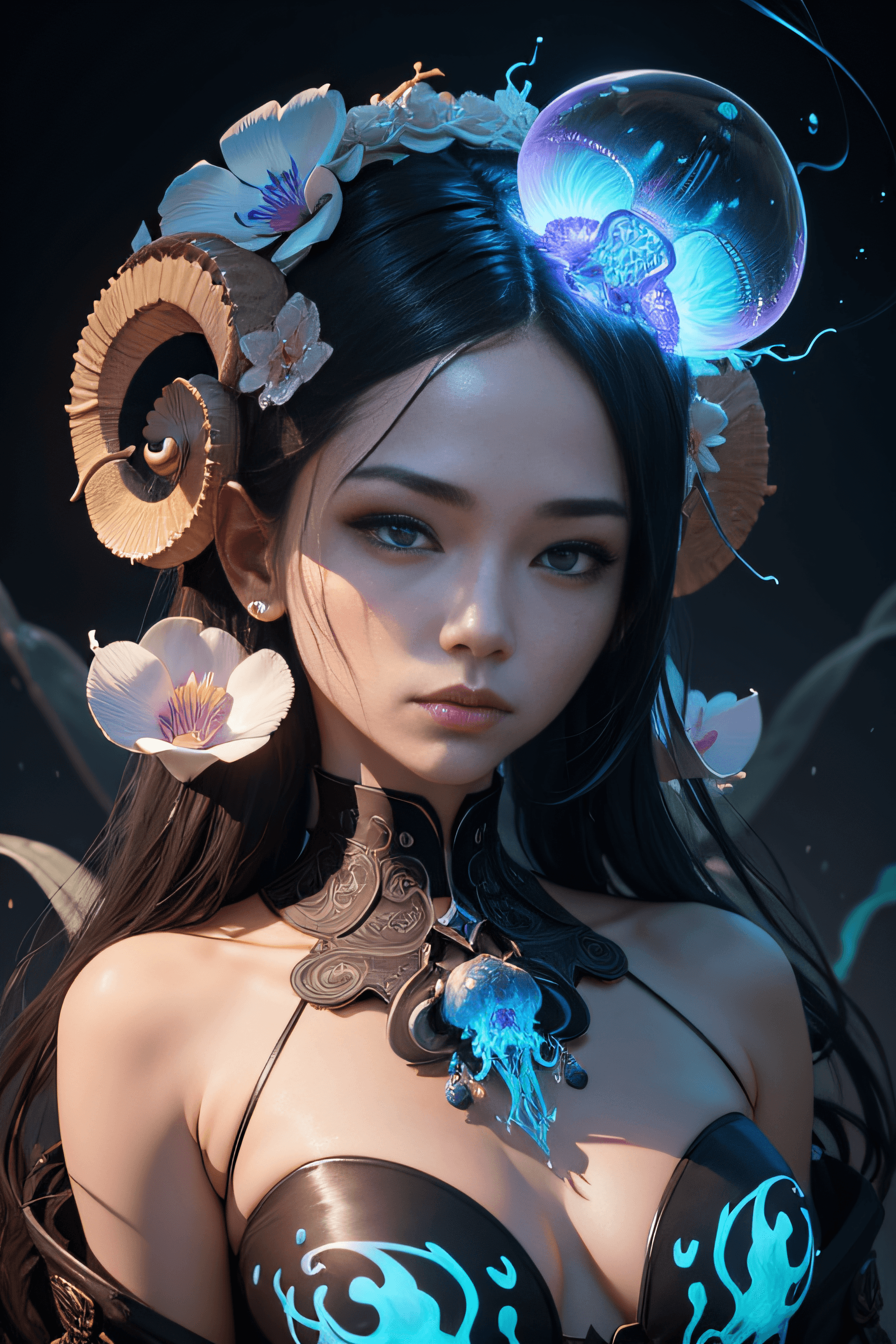 AI generated: goddess portrait skull, ram skull, jellyfish, orchid, betta fish, bioluminescent, intricate artwork ...