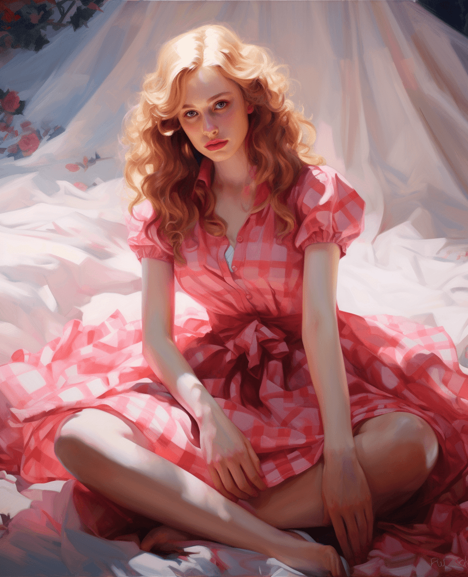 AI generated: A girl in a pink plaid dress sitting on the ground, in the style of soft, dream - like quality, red,...