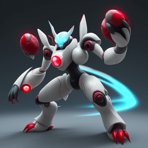 AI generated: full_body, glowing_eyes, pokemon_\(creature\), ruby red_eyes, simple_background, solo, white_backgro...