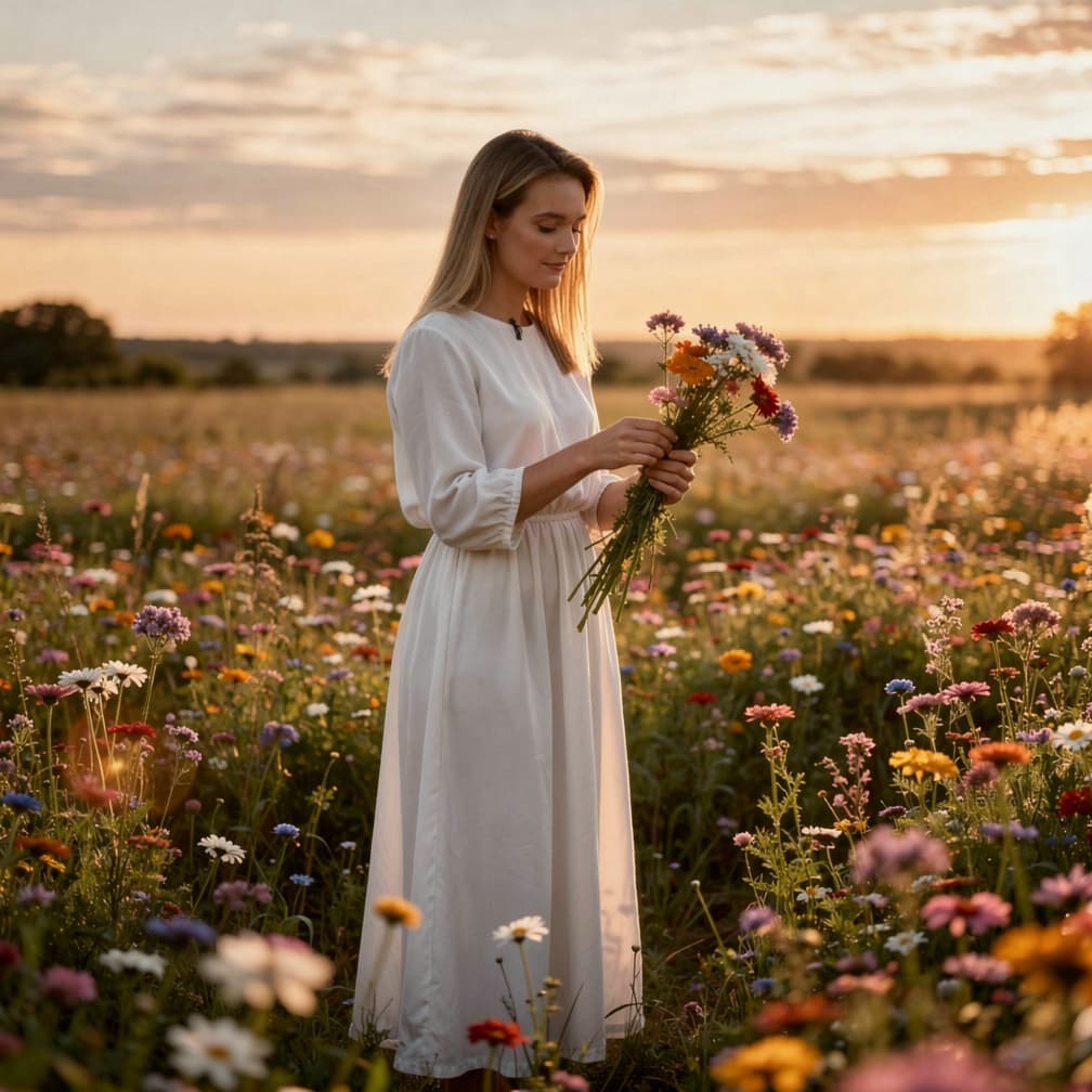 AI generated: A beautiful tall, skinny, with the slim waste young woman (19-years)
stands in a field with flowers ...
