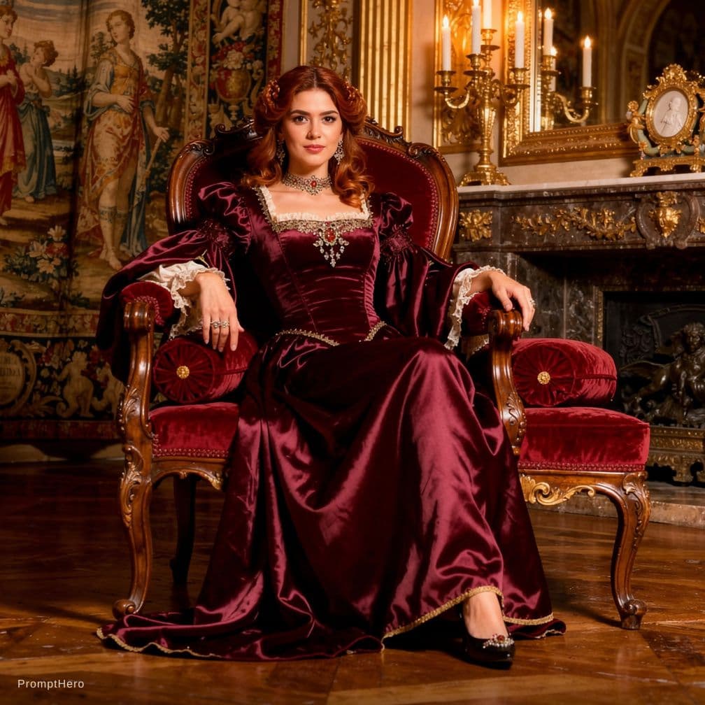 AI generated: A sensual renaissance courtesan with auburn curls styled in loose, glossy ringlets framing her delic...