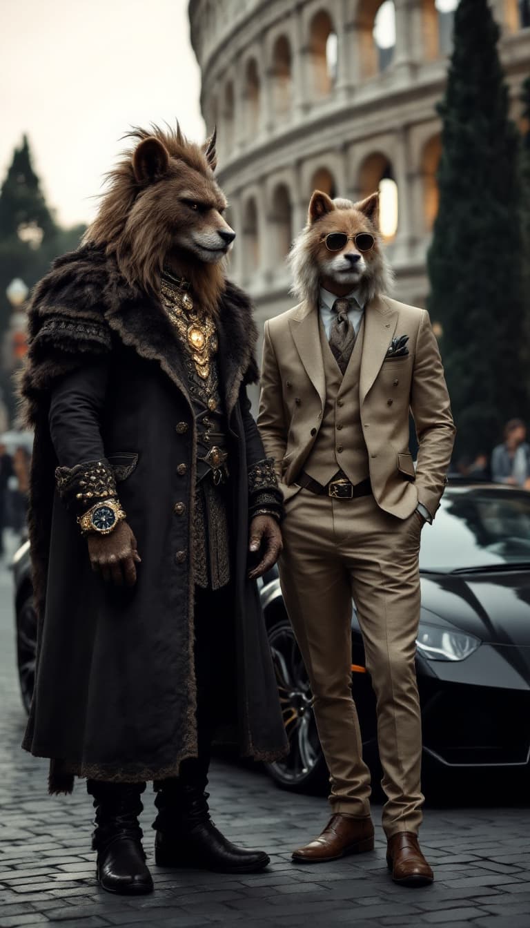 AI generated: Un loup anthropomorphe en costume trois-pièces avec une montre en or, accompagné d’un homme en costu...