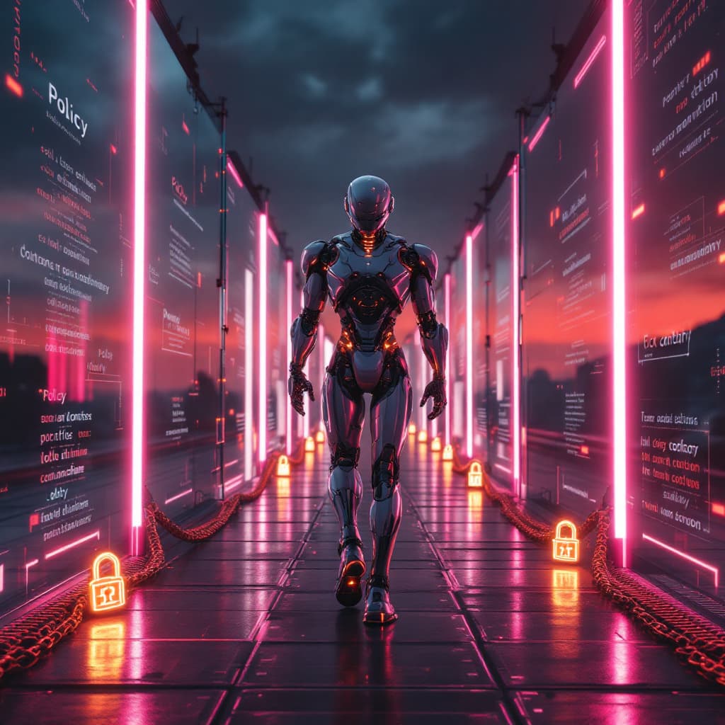 AI generated: This prompt merges the original theme of AI constraints with a human-cybernetic protagonist, emphasi...