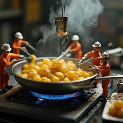 AI generated video: Tiny workers in orange suits cook golden-brown potatoes in a giant pan over a blue flame. They use i...
